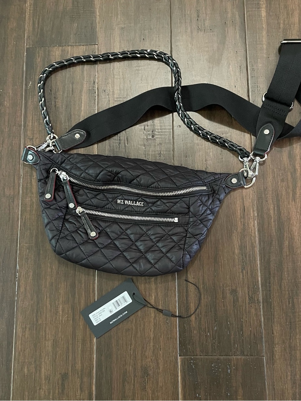 MZ Wallace Small Black Quilted Crosby Sling Bag Silver Hardware Detachable Strap